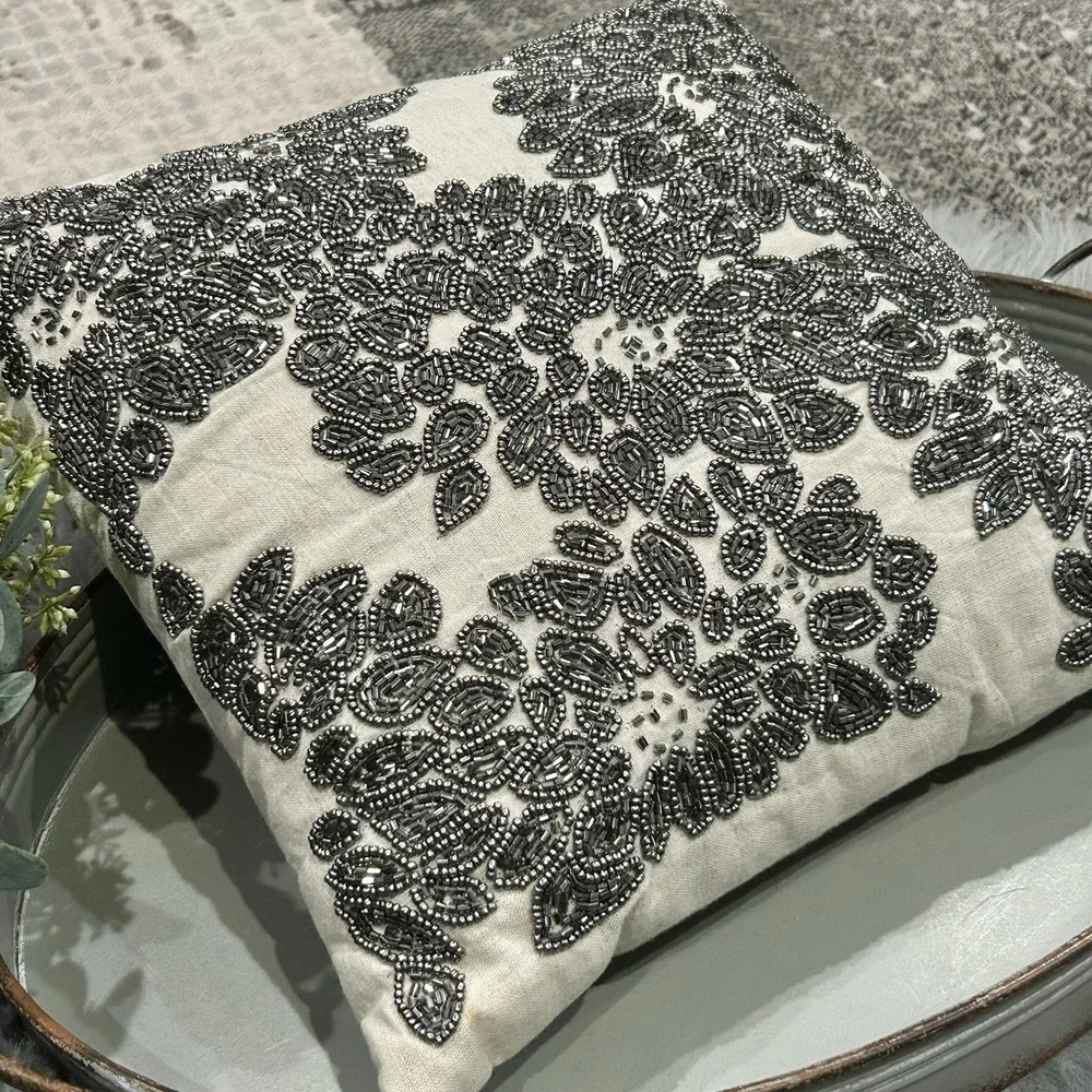 Beaded Linen Throw Pillow Dark Charcoal Beaded‎ 12X12 Pillow Cover With Insert